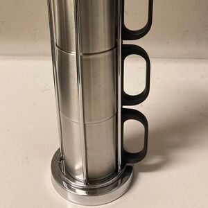 Set Of  4 Steel Camping Picnic Mugs Cups w Black Plastic handle & Stand 200 ml